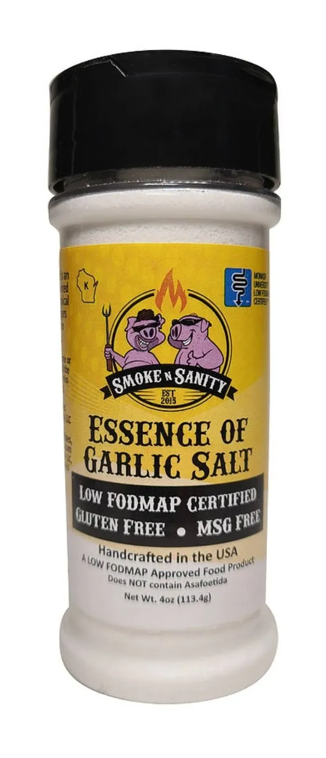 Smoke n Sanity Essence of Garlic Salt - Monash Certified Low FODMAP - Contains No Onion - Certified Gluten Free - Certified Kosher - Dairy Free Low Fodmap Seasonings- 4.0 Ounce Shaker