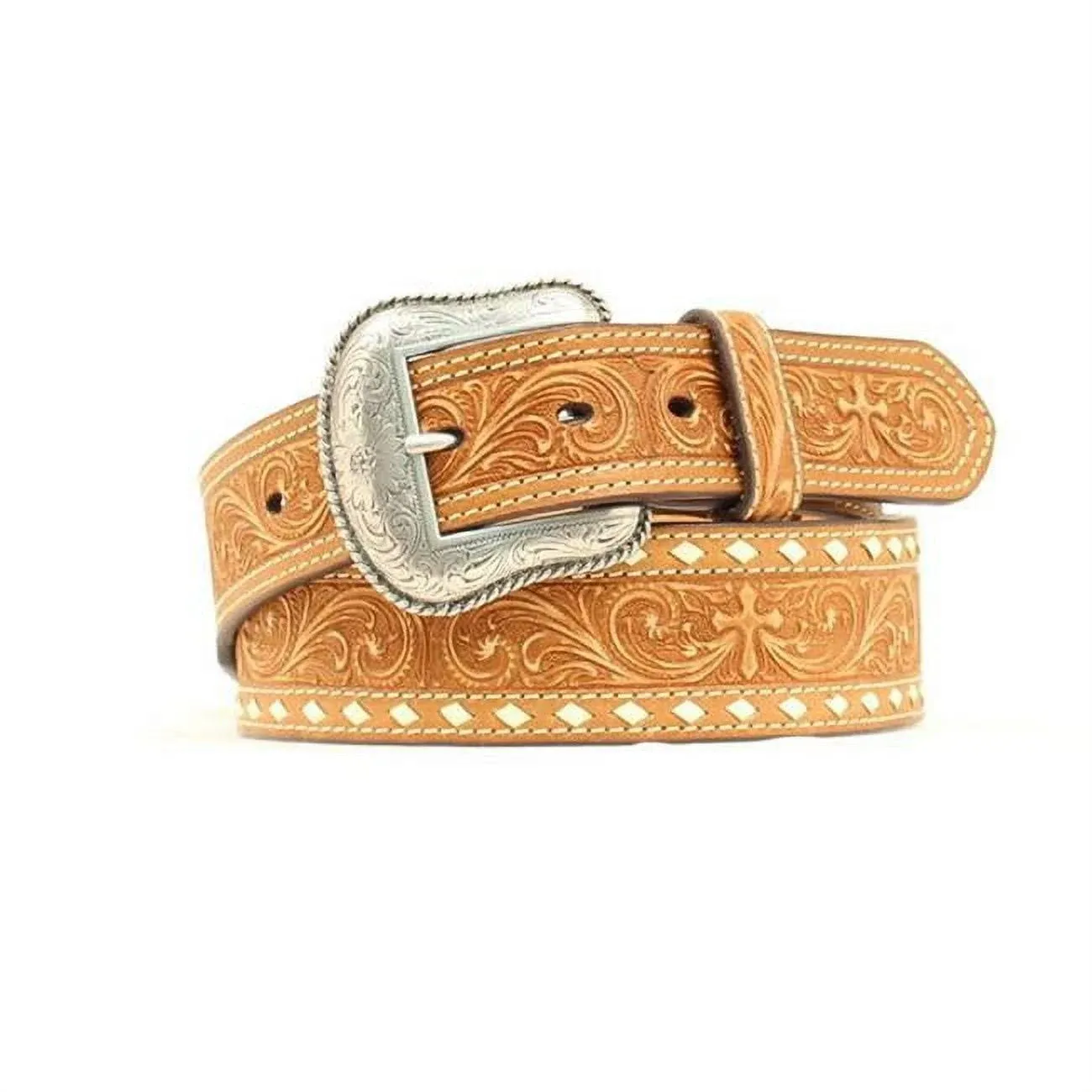 Nocona Western Belt Mens Leather Cross Tapered Buckstitch Brown