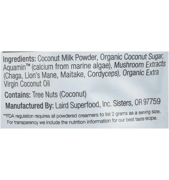 Laird Superfood Non-Dairy Coconut Powder Creamer - Sweet & Creamy + Adaptogens - Superfood Creamer with Functional Mushrooms - Non-GMO, Vegan, 8 oz. Bag, Pack of 1