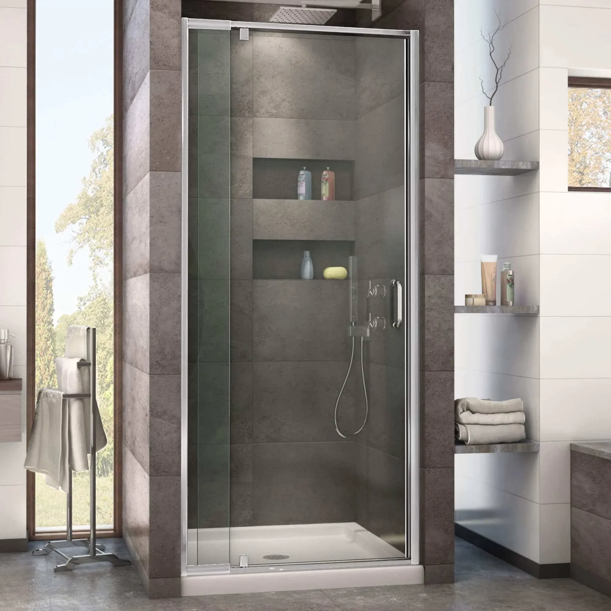 DreamLine Flex 32x32" Pivot Shower Door in Chrome with Center Drain Biscuit Base, 32" D x 32" W x 74 3/4" H - Shower Stalls And Kits - by Kolibri Decor | Houzz