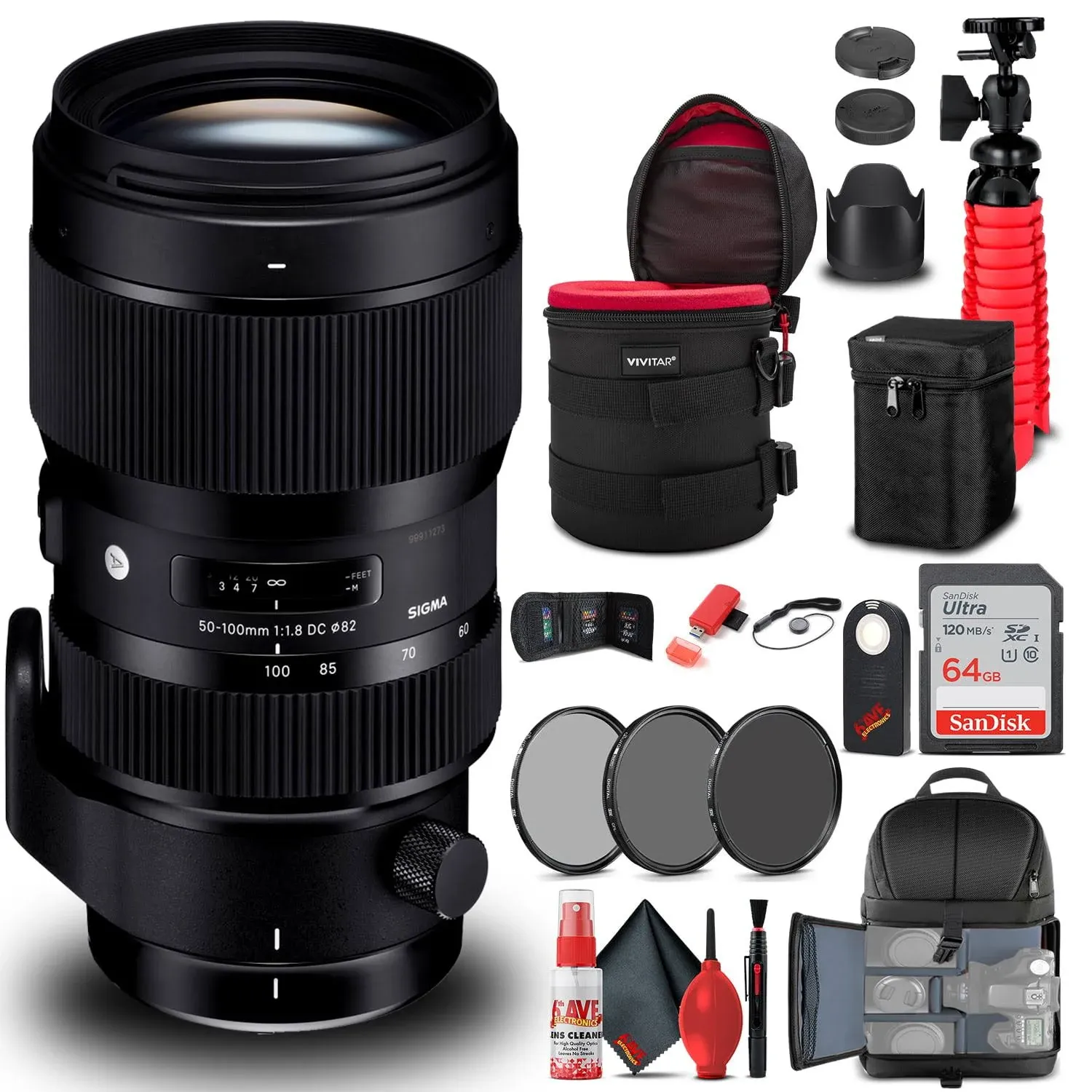 Sigma 50-100mm f/1.8 DC HSM Art Lens for Canon EF (693954) Bundle + Backpack + 64GB Card + Lens Case + Card Reader + 3 Piece Filter Kit + Cleaning Set + Flex Tripod + Memory Wallet + More