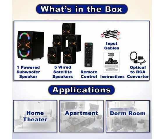 Acoustic Audio Aa5210 Home Theater 5.1 Speaker System with Bluetooth LED Lights and Optical Input