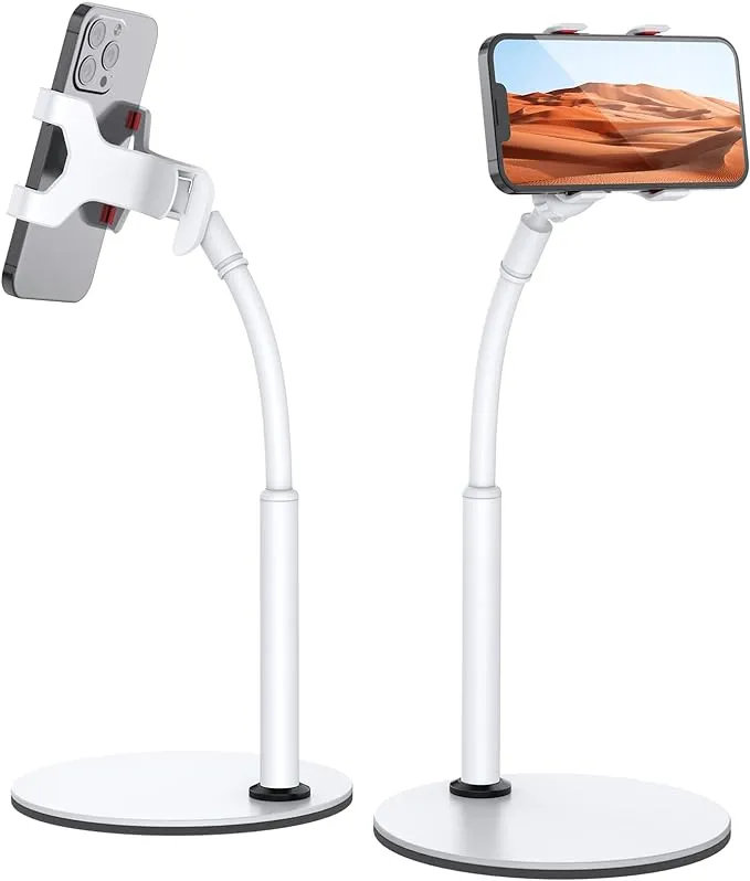 Cell Phone Stand, Gooseneck Flexible Arm Universal Phone Holder, Angle Height Adjustable Phone Stand for Desk, Lazy Bracket Holder, Aluminum Alloy Phone Holder Compatible with 3.5"-6.7" Devices(White)