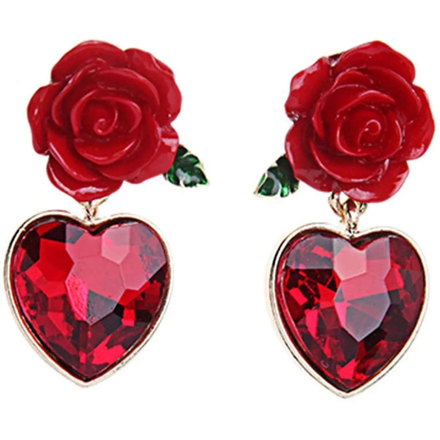 Red Rose Flower Stud Earrings, Vintage Simulated Ruby Heart Stud Earrings Gothic Red Rose Dangle Drop Earrings Cute Earrings for Women