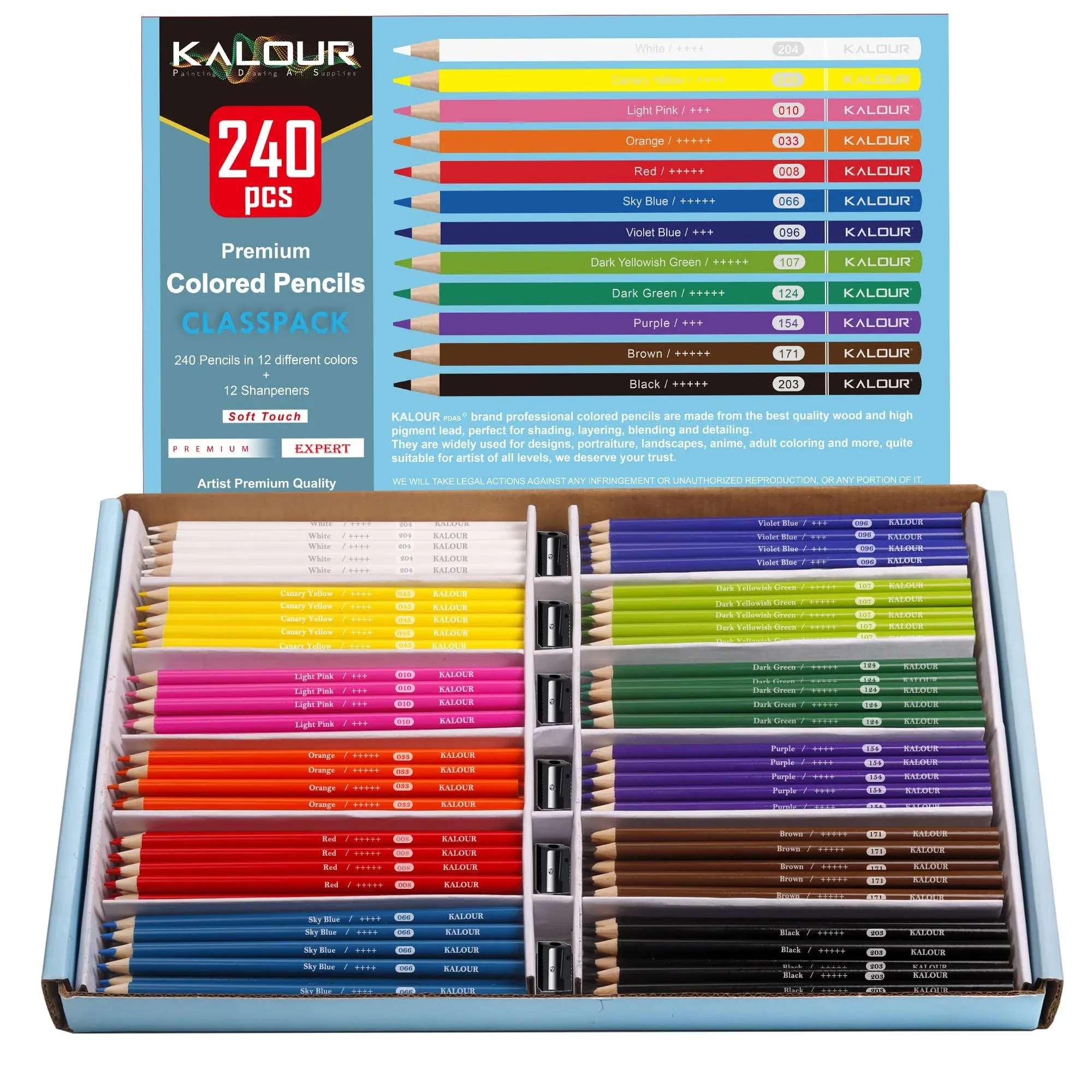 KALOUR Premium Colored Pencils,Bulk Classpack,12 Assorted Vibrant Colors,240 ...