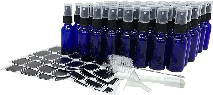 Nevlers 48 Pack Blue 1 Oz Glass Spray Bottle | The Blue Misting Glass Bottles Includes Sprayers, a Funnel & Brush with Bonus Labels to Easily Identify its Contents