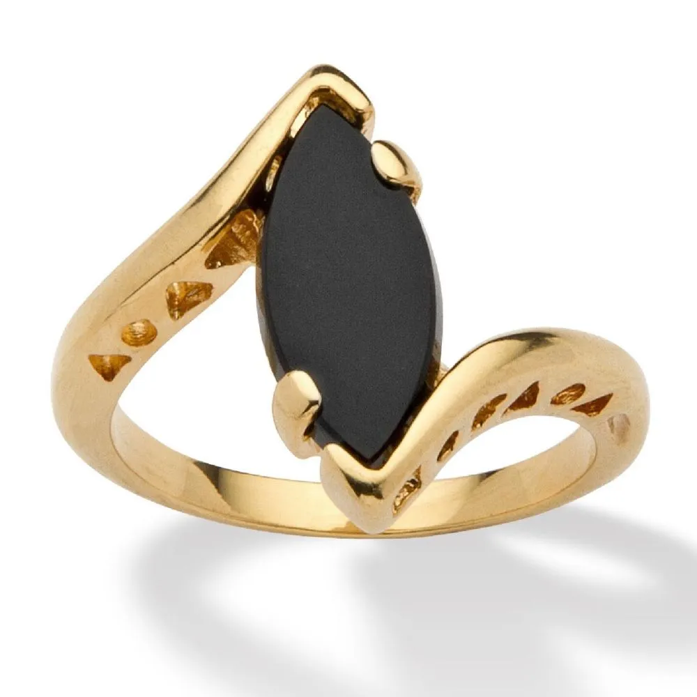 PalmBeach Jewelry 18K Yellow Gold Plated or Sterling Silver Marquise Shaped Natural Black Onyx Bypass Ring