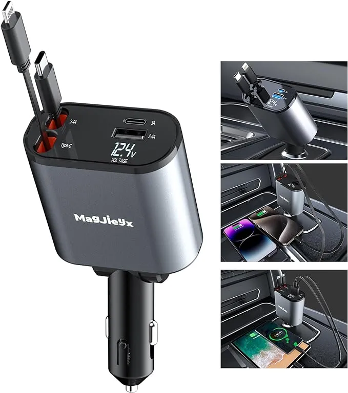 4 in 1 Retractable Car Charger, USB C Fast Charging Adapter[Max80W] with Lightning Cable&Dual Charge Port Compatible with iPhone 16/15/14/13/12/11 Pro Max Plus/iPad/AirPods,Galaxy,Google