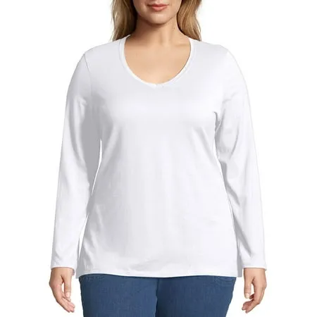 Hanes Women's Long Sleeve V-Neck Cotton T-Shirt (Plus Size) White 1X