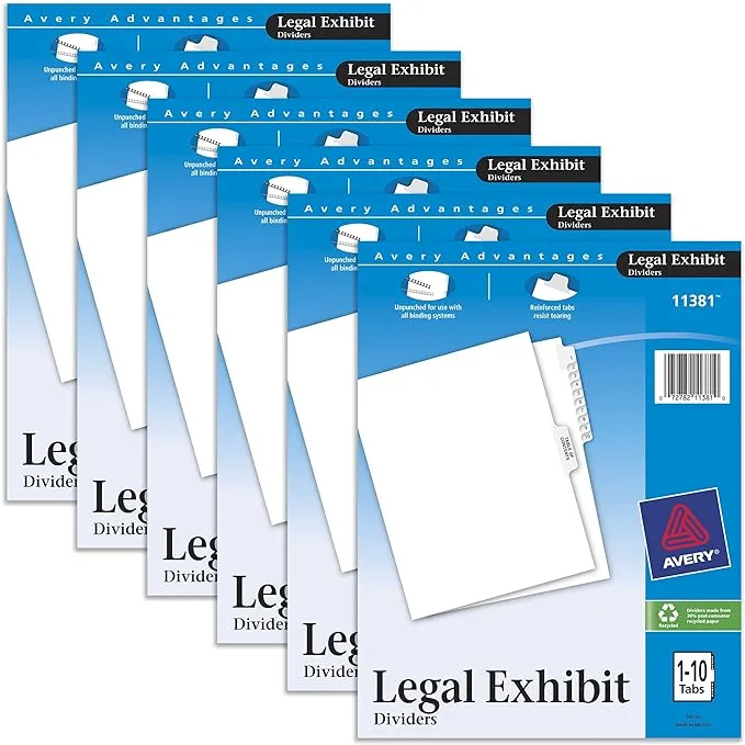 Avery Legal Exhibit Binder Dividers, Preprinted 1-10 and Table of Contents Side Tabs, Unpunched Letter Size, 1 Set Collated, 6 Sets per Pack (11381)