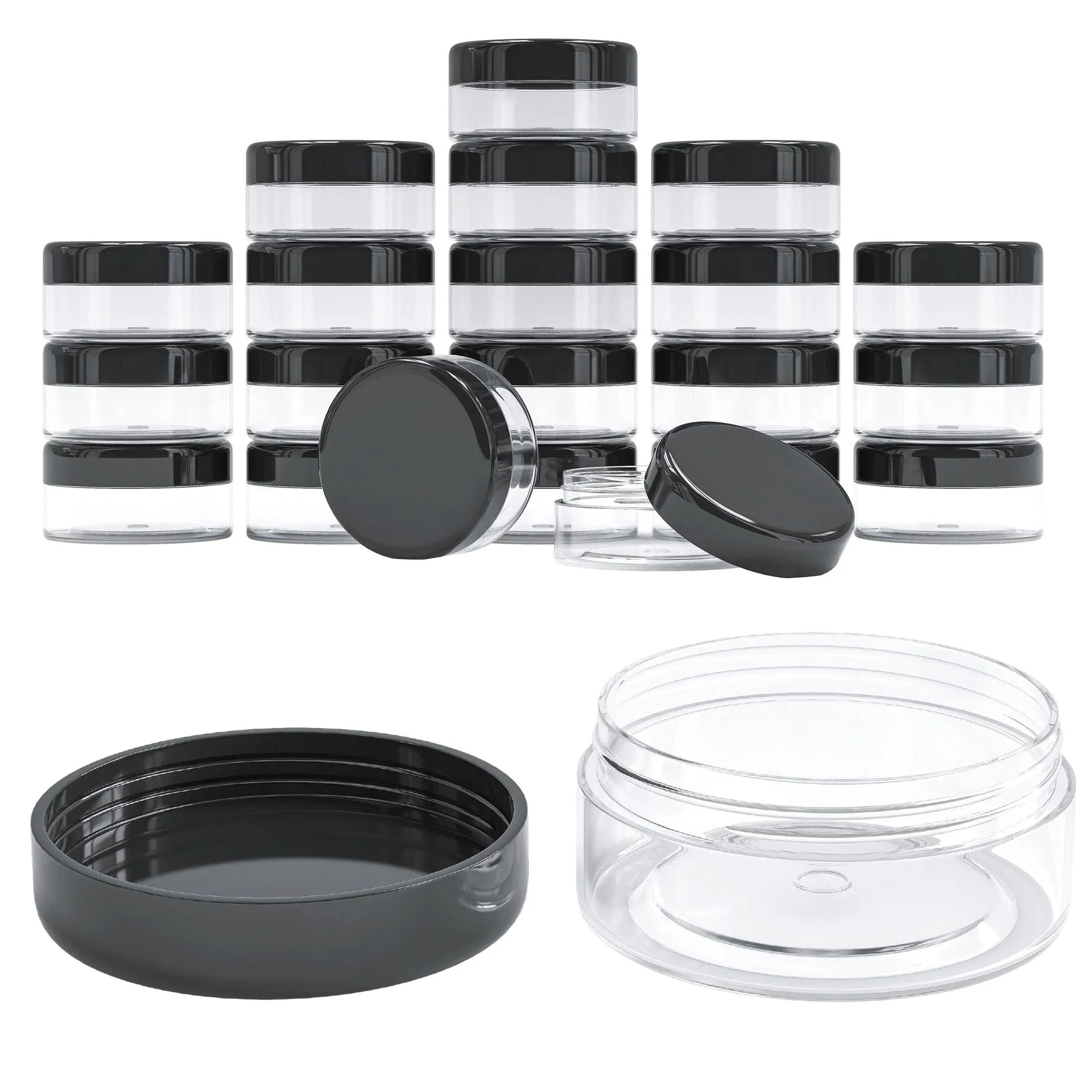 60 Pack 2oz Plastic Jars with Black Lids BPA Free Small 60 gram Jar Round Clear Refillable storage Slime containers with Airtight Lids for Cosmetics, Sugar Scrub, Body Butters, Beauty Products.