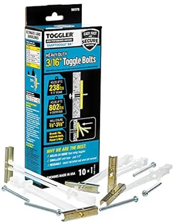 TOGGLER SNAPTOGGLE BA Toggle Anchor with Bolts, Zinc-Plated Steel Channel, Made in US, 3/8" to 3-5/8" Grip Range, For 3/16"-24 UNC Fastener Size (Pack of 10)