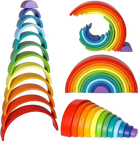 Lewo Extra Large Wooden Rainbow Stacker - 12 Pieces Wooden Building Block Set ...