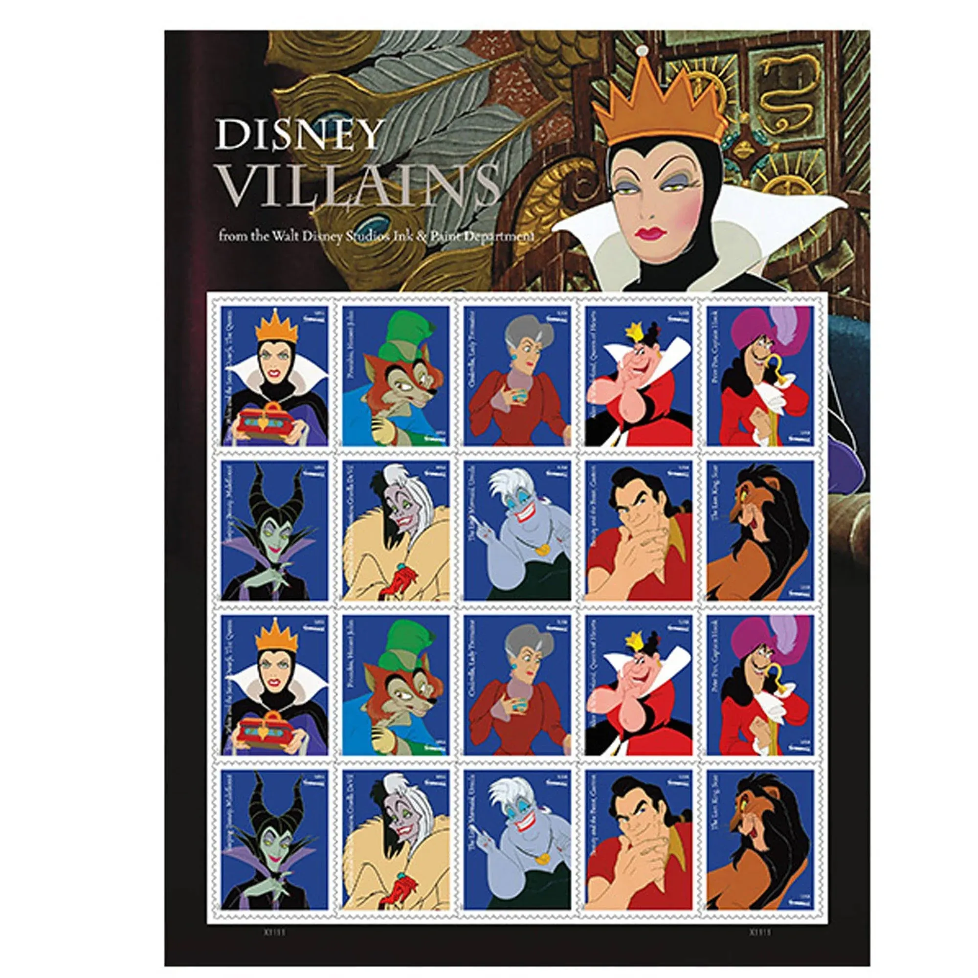 USPS Walt Disney Villains One Sheet Forever Stamps - Booklet of 20 First Class Forever Stamps