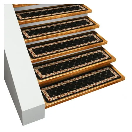 House, Home and More Set of 15 Skid-Resistant Carpet Stair Treads – Traditional Lattice with Floral Border – Ebony Black – 9 Inches X 36 Inches