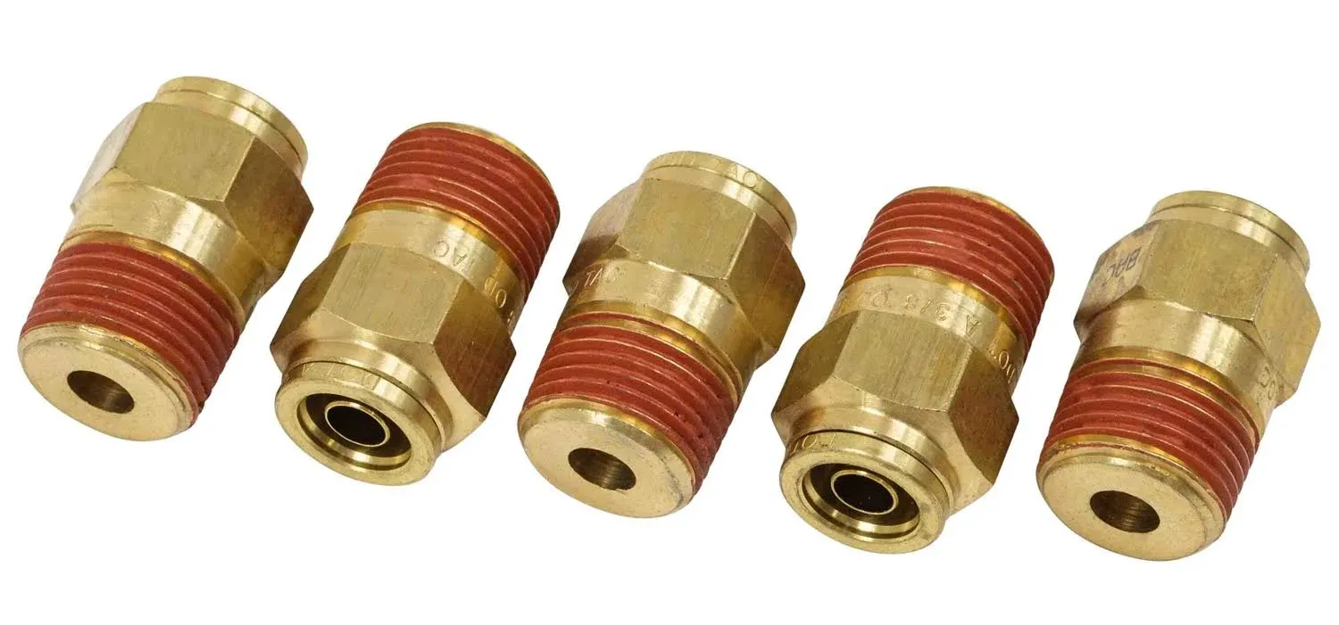 Mytee Products DOT Male Connector Brass Push-Lock Air Brake Fitting 3/8" Tube OD x 3/8" NPT (Set of 5pcs)