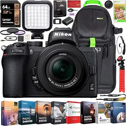 Nikon Z50 Mirrorless Camera Body + 3 Lens Kit 16-50mm Z VR + 32GB + Flash & More