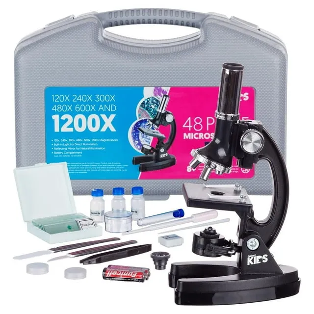 AmScope-KIDS M30-ABS-KT1 Beginner Microscope Kit, LED and Mirror Illumination, 120x - 1200x Six Magnifications, Metal Frame and Base, Includes 48-Piece Accessory Set and Case,Black