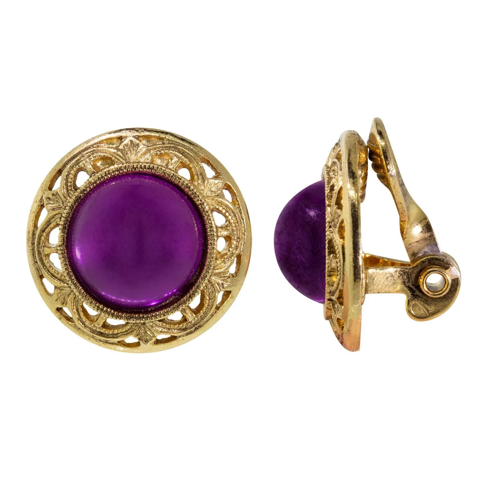 Gold Tone Purple Stone Round Button Clip Earring