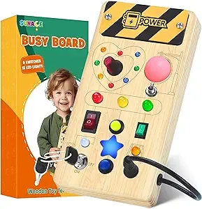 Montessori Busy Board - Toddler Toys Wooden Busy Board with LED Light Switch Toys Sensory Toys Travel Toys Toddler Busy Board Montessori Toys for 1 2 3 4 Year Old Baby Toddler Boy Girl