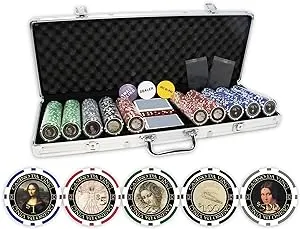 DA VINCI Professional Set of 500 11.5 Gram Casino Del Sol Poker Chips with Denominations, 2 Decks of Plastic Playing Cards, 2 Cut Cards & 3 Dealer Buttons (Silver Aluminum Frame Case)