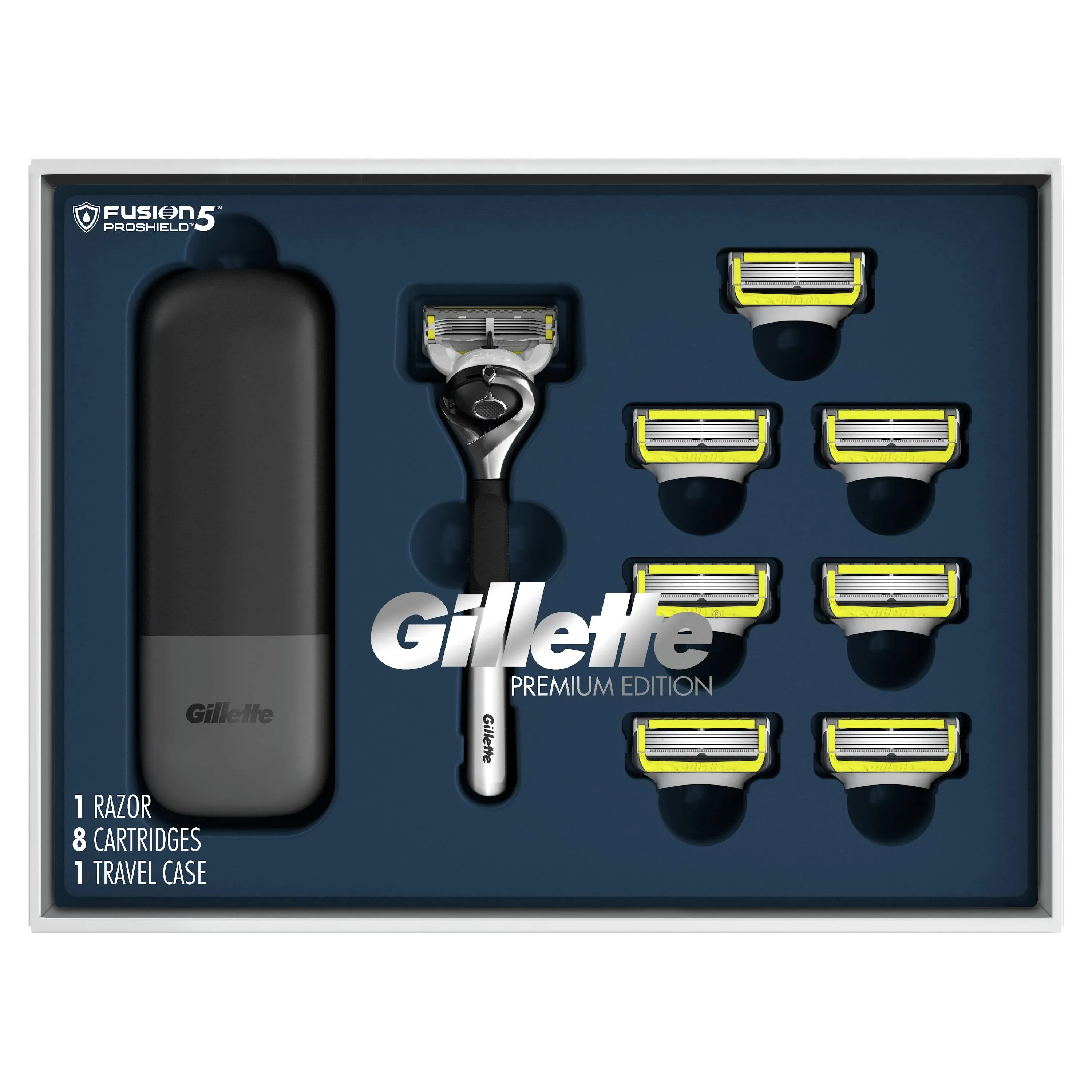 Gillette ProGlide Shield Premium Edition Razors for Men, 1 Gillette Razor, 8 ProShield Razor Blade Refills, 1 Travel Case