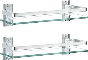 AIJALY 2 Pack Bathroom Glass Shelf,15.7 Inches Silver Bathroom Shower Glass Shelf Wall-Mounted, Metal Storage Floating Kitchen Shelf