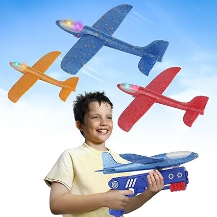 3 Pack Airplane Launcher Toys, 2 Flight Modes LED Foam Glider Catapult Plane Toys for Boys, Outdoor Toys for Boys Girls 3 4 5 6 7 8 9 10 11 12 Year Old … (3 Color)