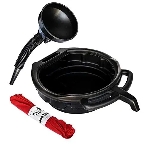 Oil Change Kit - Includes 8-Quart Oil Pan, Longneck Oil Funnel with Removable Filter, and 5 Pack of Shop Towels - Motor Oil Drain pan for Changing Oil - Oil Change Value Kit with by Foxtrot Living