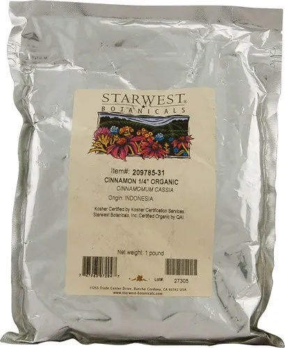 Starwest Botanicals
           Organic Cinnamon Quarter Cut -- 1 lb
        
        
        
        
        
          
          SKU #: 767963072047
          
            Shipping Weight:
              1.03 lb