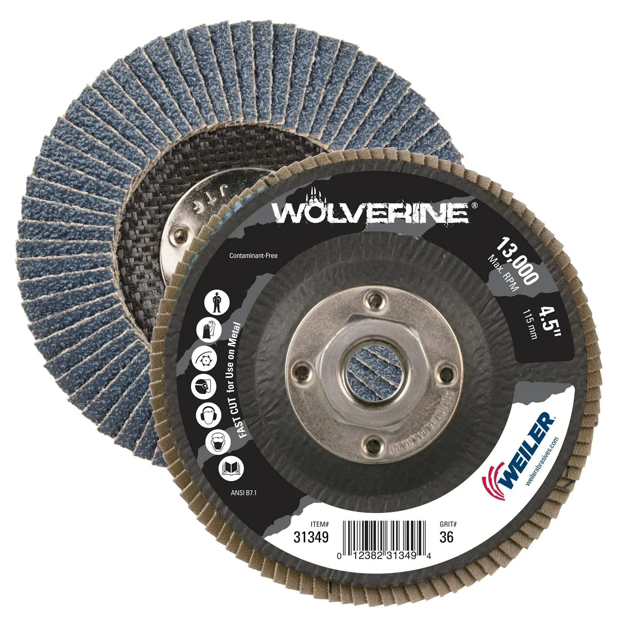 Weiler 31353 Wolverine 4-1/2" x 5/8"-11 UNC NUT Abrasive Flap Disc, 120 Grit Zirconia Alumina, Bevel Type 29, Phenolic Backing, Standard Density (Pack Of 10)