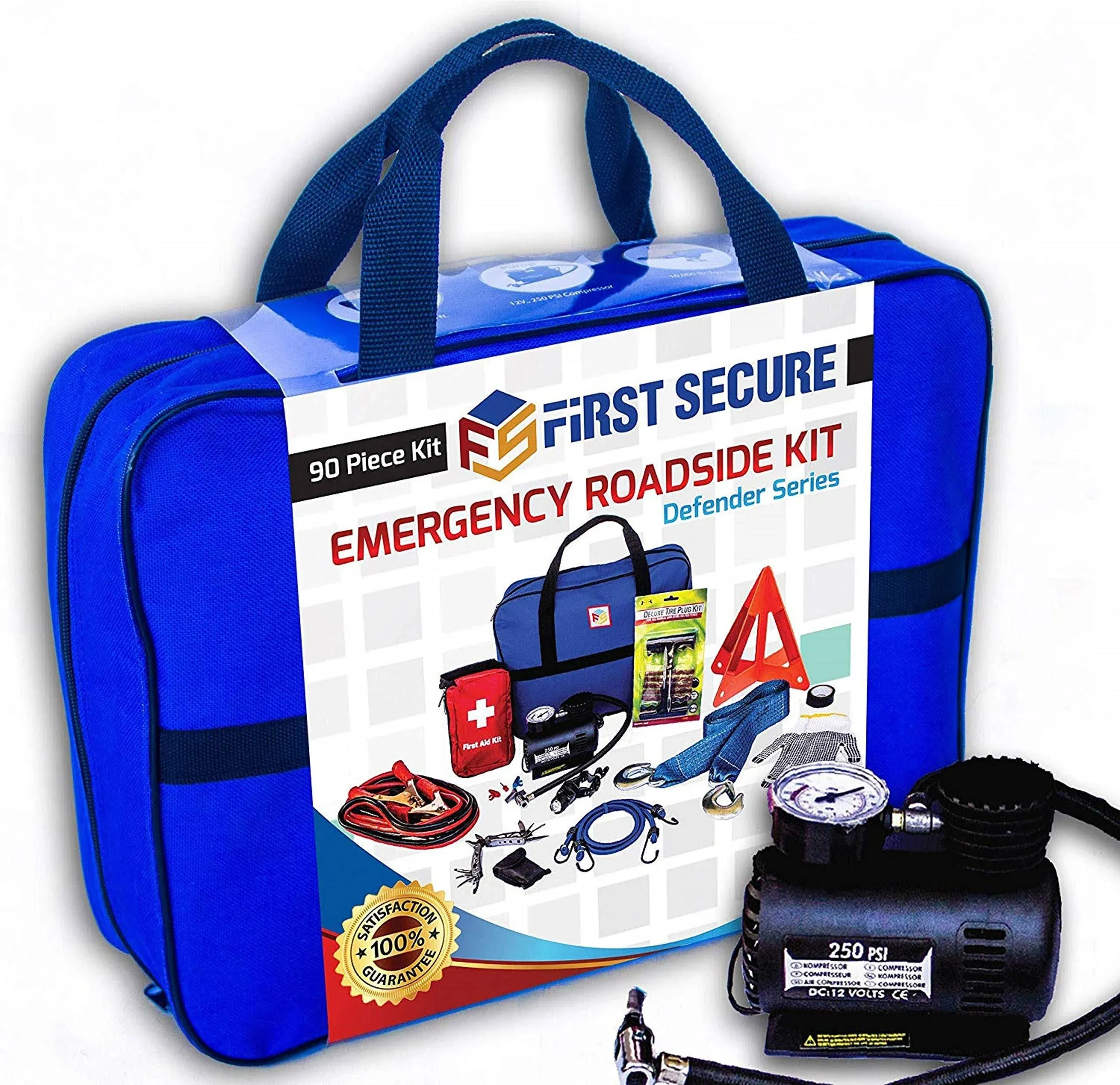 First Secure 90-Piece Roadside Car Emergency Kit with Jumper Cables Portable Air