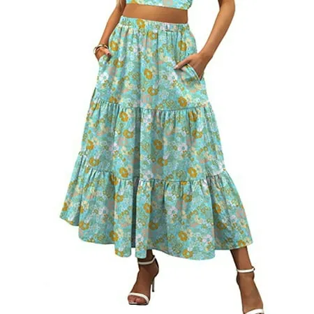 Lyrur Women's Floral Midi Skirt with Pockets High Elastic Waist Flowy Ruffle Casual Summer Boho Aline Skirts