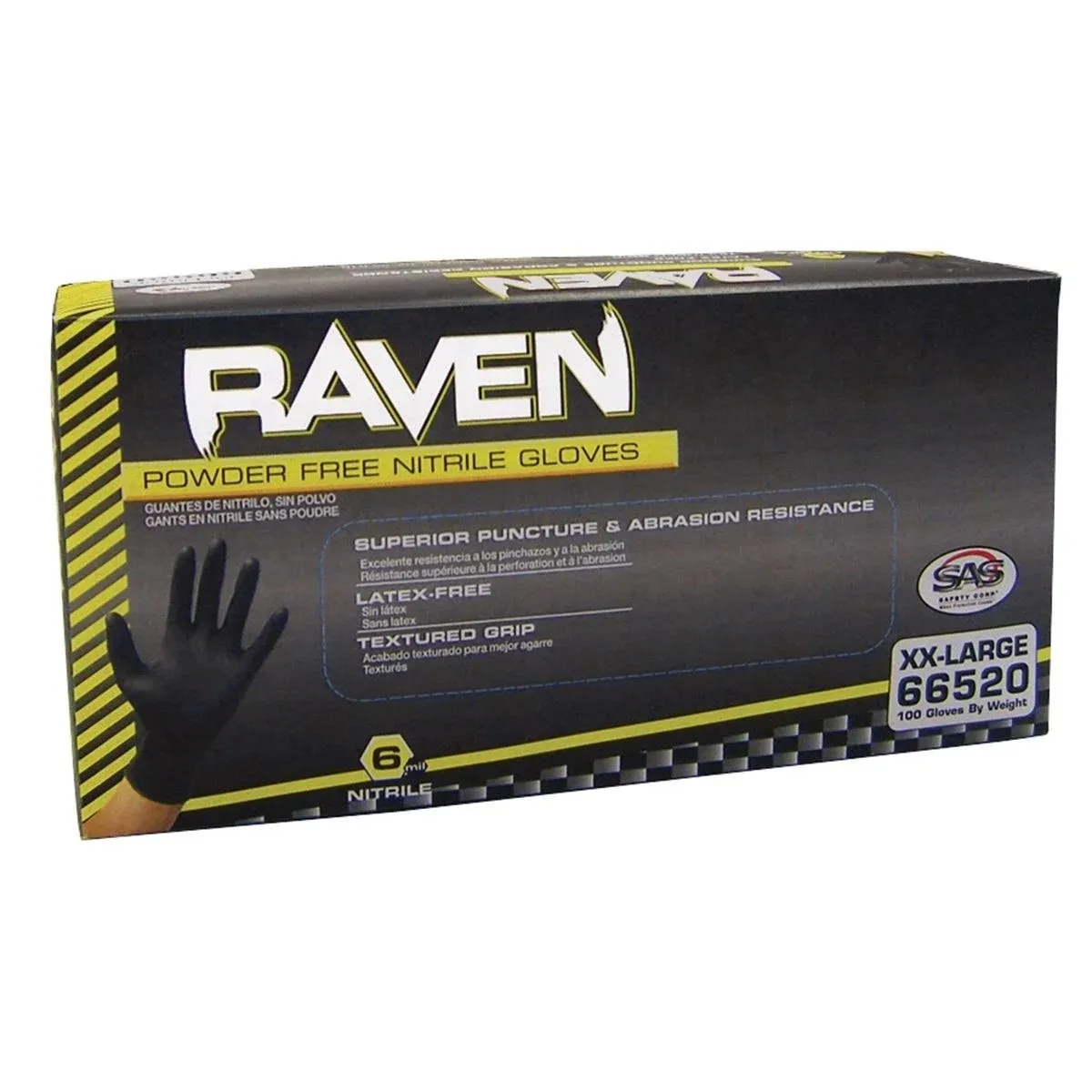 SAS Safety Corp 66516 Raven Nitrile Disposable Glove (Powder-Free) - Black, 6 mil Thick, 100 Gloves/Box, Small (S)