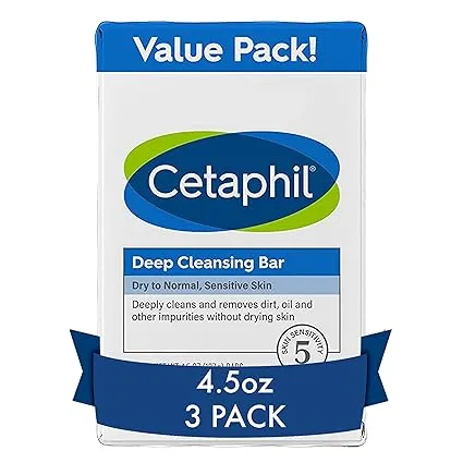 Cetaphil Bar Soap, Deep Cleansing Face and Body Bar, Pack of 3, For Dry to Normal, Sensitive Skin, Soap Free, Hypoallergenic, Paraben Free, Fragrance Free, Removes Makeup, Dirt and Oil