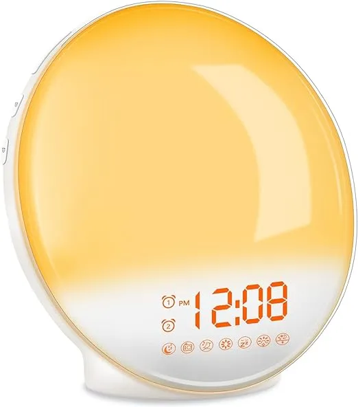 Wake Up Light, Sunrise Alarm Clock Radio, Bedside Lamp with Sleep Aid, Dual Alarms, Snooze, Colorful Lights, Natural Sounds for Kids Adults Bedroom