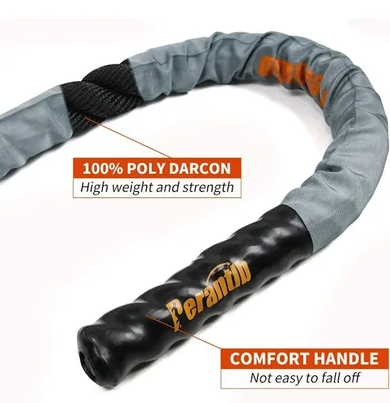 Perantlb Poly Battle Rope with Cloth Sleeve -1.25/1.5/2 Inch Diameter 30' 40' 50' Lengths -Gym Muscle Toning Metabolic Workout Fitness, Battle Ropes for Home Gym