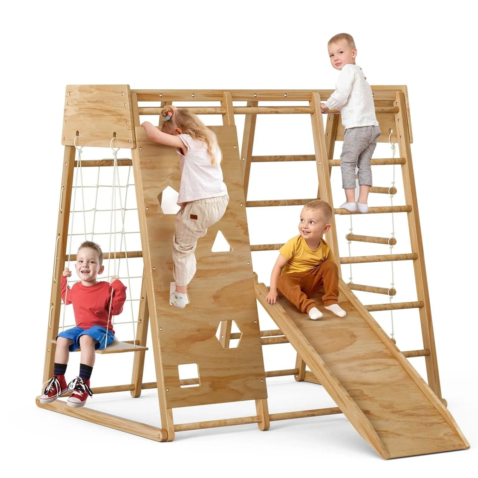 Avenlur Magnolia Indoor Playground 7-in-1 Jungle Gym Montessori Waldorf Style Wooden Climber Playset Slide, Rock Climbing Wall, Rope Wall Climber, Monkey Bars, Swing for Toddlers, Children Kids 2-6yrs