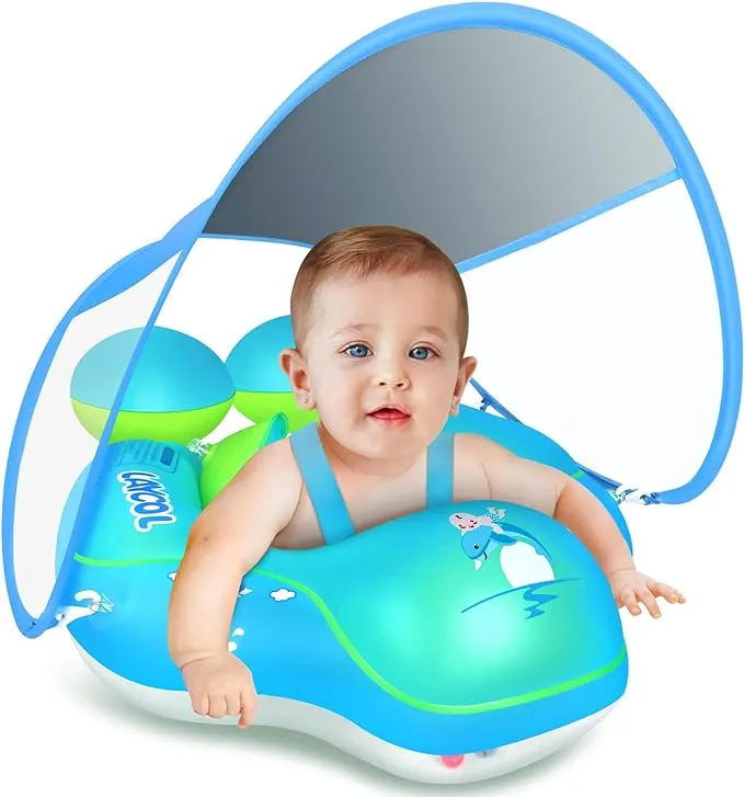 LAYCOL Baby Swimming Pool Float with Removable UPF 50+ UV Sun Protection Canopy,Toddler Inflatable Pool Float for Age of 3-36 Months,Swimming Trainer (Blue, L)