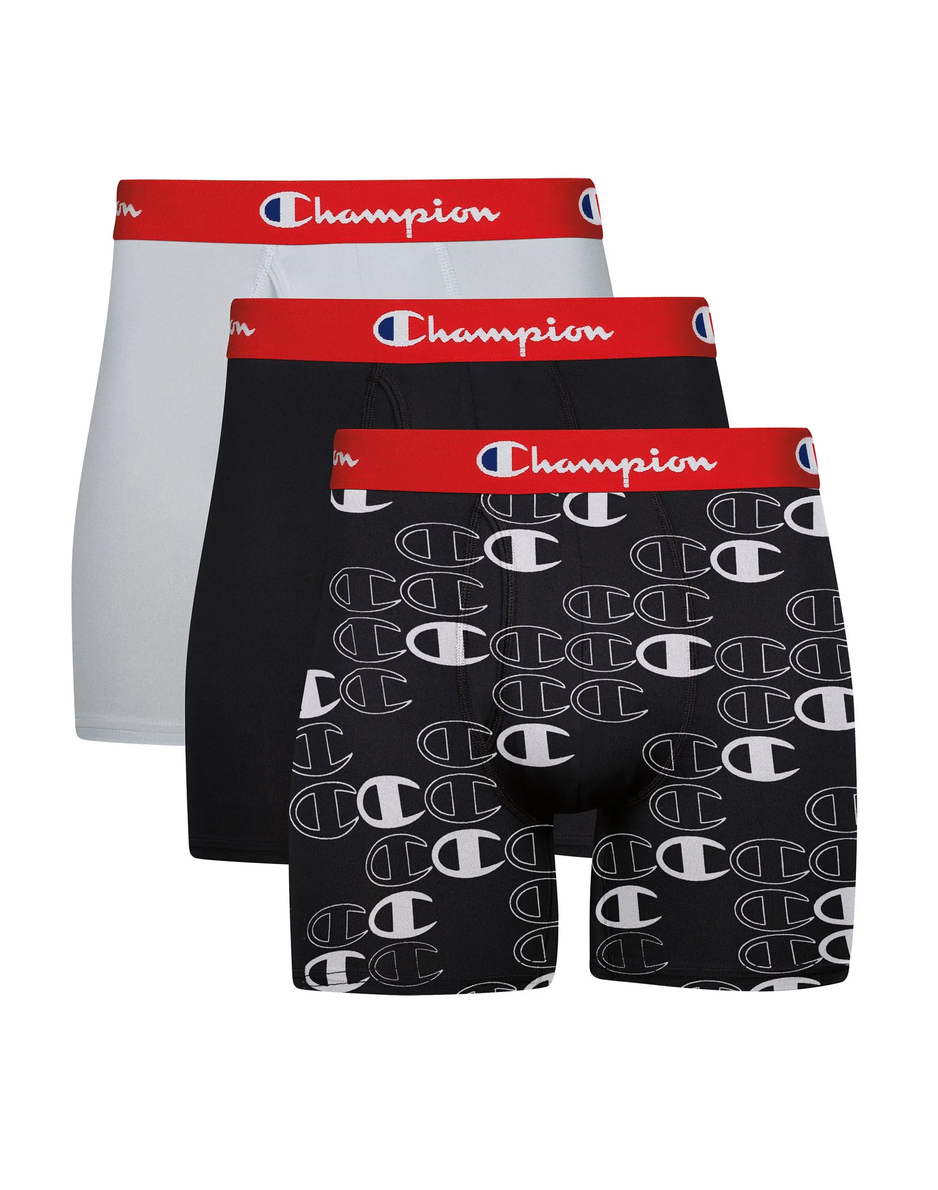 Champion Men's Boxer Briefs Pack, Lightweight Stretch, Moisture-Wicking, 3-Pack, Black Assorted Oxford Grey/Red/Black/White C Logo/Red/Black/Red M