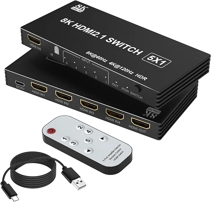 8K@60Hz HDMI Switch 5 in 1 Out, 5 Port HDMI 2.1 Switcher Selector Box for 5 ...