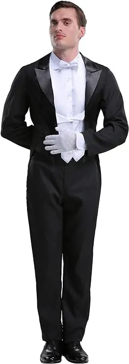 Butler Outfit for Men | Costume Black Tailcoat Jacket with Attached Vest Panels, Shirt Front, Bow Tie and Pants