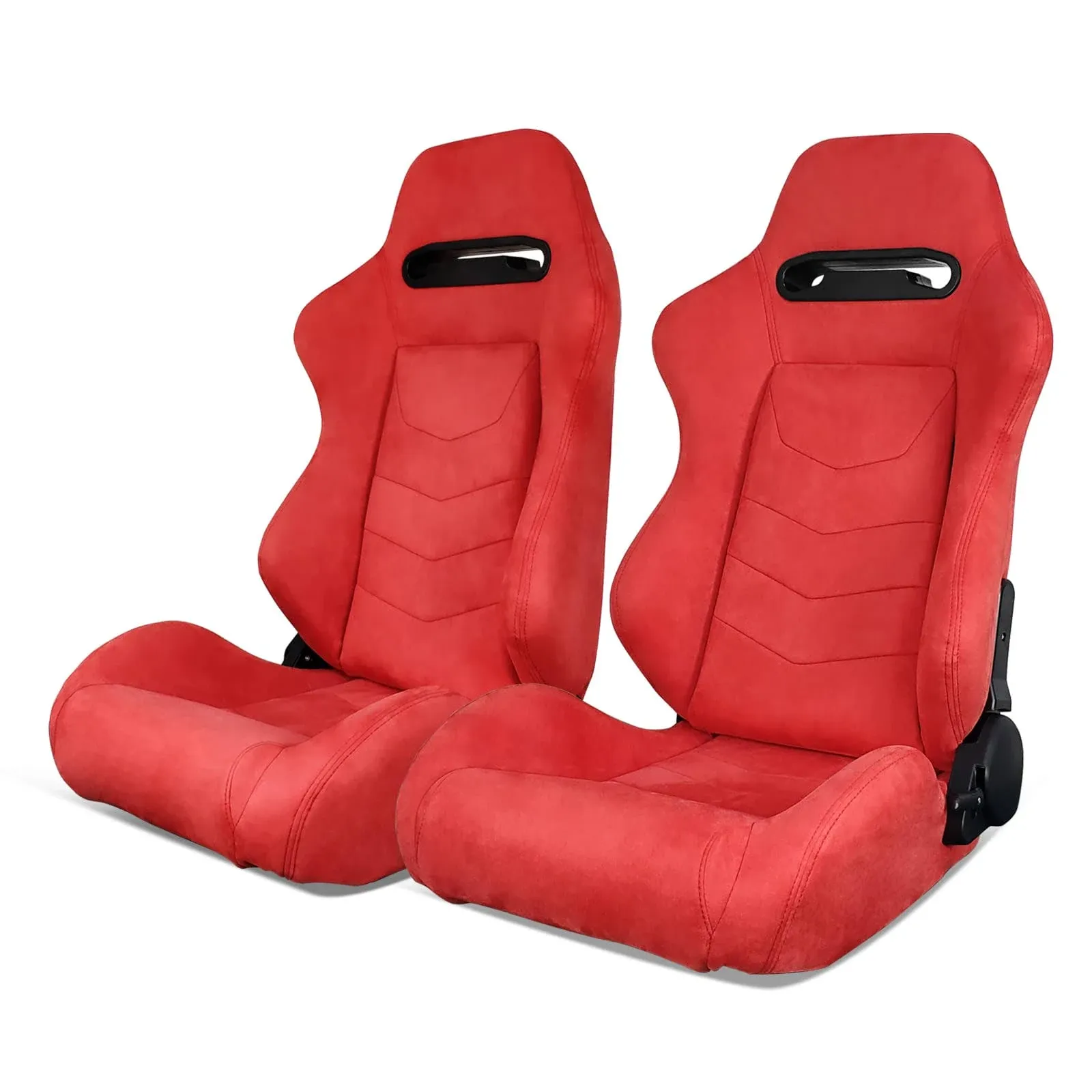 IKON MOTORSPORTS, Universal Racing Seats Pair with Dual Sliders, Red Suede Reclinable Left Right