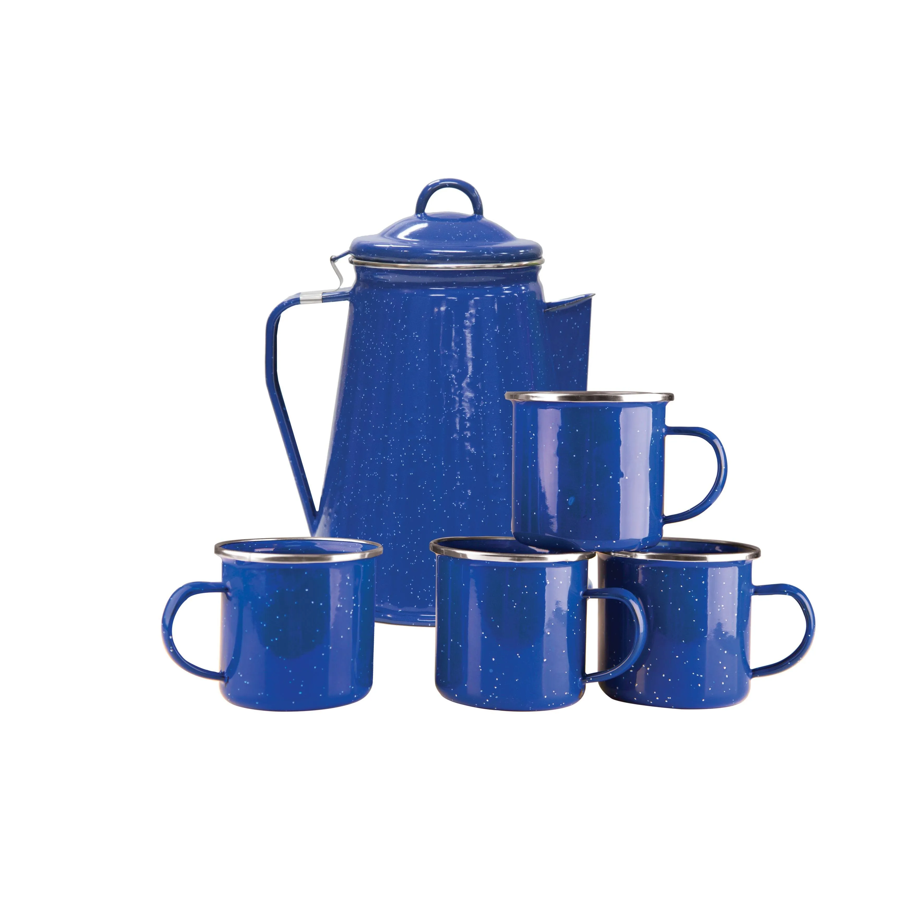 Stansport Enamel 8-Cup Coffee Pot with Percolator & Four 12oz Mugs