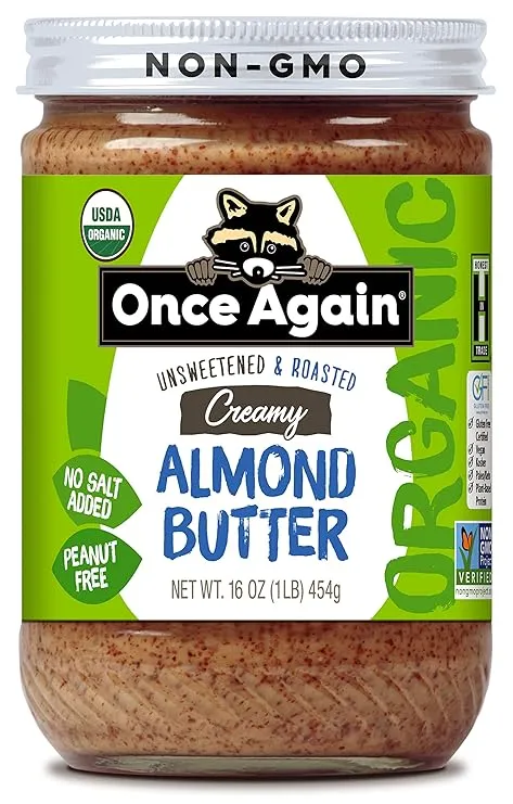 Once Again Organic Creamy Almond Butter, 16oz - Roasted - Salt Free, Unsweetened - USDA Organic, Gluten Free Certified, Peanut Free, Vegan, Kosher, Paleo - Glass Jar… (1 Pack)