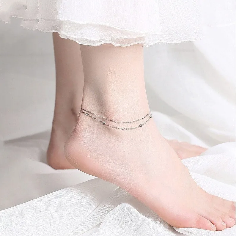 Sllaiss 925 Sterling Silver Tiny Bead Layered Anklet for Women Men Double Layered Chain Anklet Beach Foot Ankle Bracelet Adjustable Cute Bead Chain Link Summer Jewelry