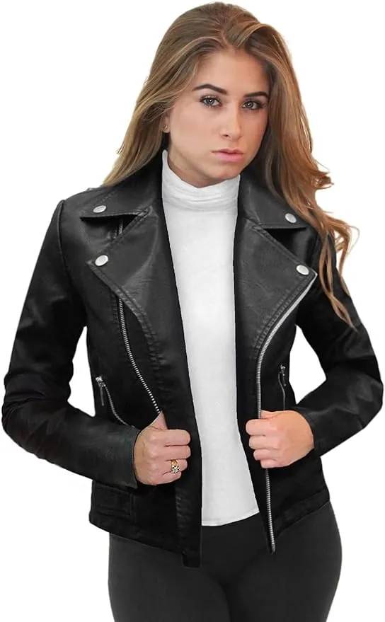 Olivia Miller Womens Faux Leather Zip Up Moto Biker Jacket