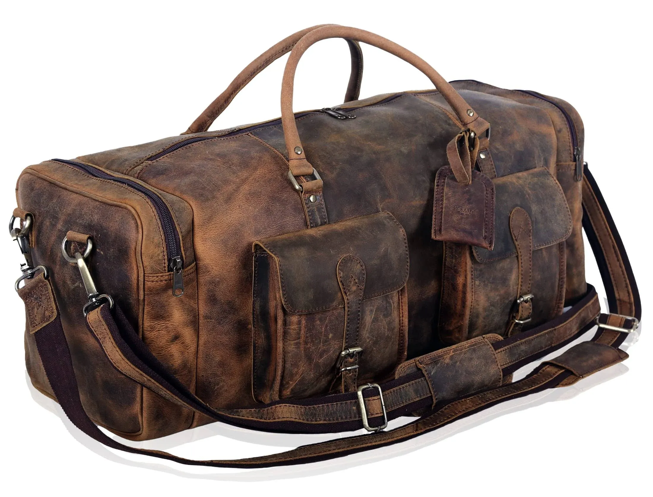 KomalC 28 inch Duffel Bag Travel Sports Overnight Weekend Leather Duffle Bag for Gym Sports Cabin Holdall bag (Distressed Brown)