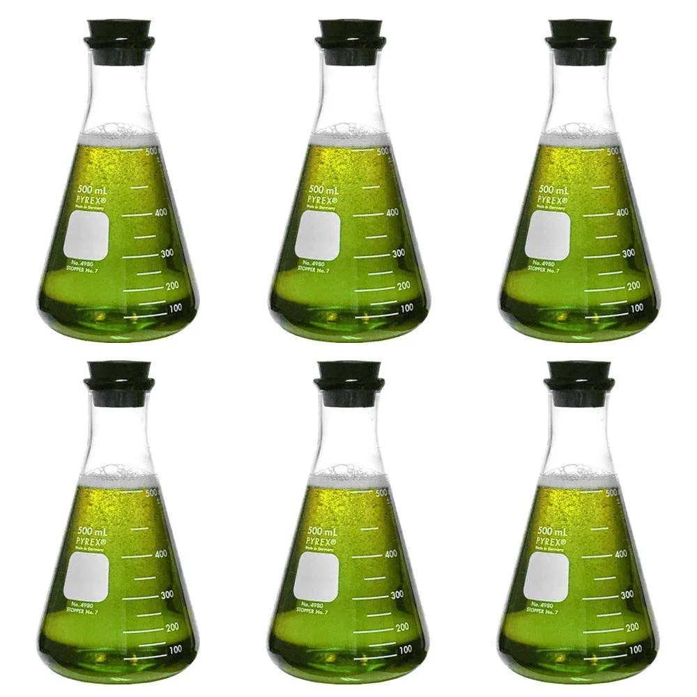 Corning 4980-500 Pyrex Narrow Mouth Erlenmeyer Flask with Heavy Duty Rim, 100 mL capacity-500 mL Capacity Graduation Range, Rubber Stopper Number 7, 101 mm Diameter