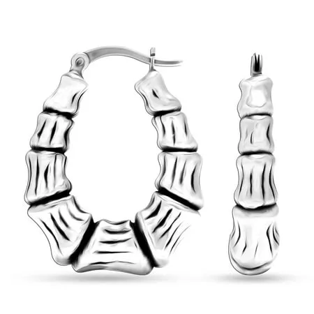 LeCalla 925 Sterling Silver Light-Weight Oval Bamboo Hoop Earrings for Women and Teen Girls 30MM